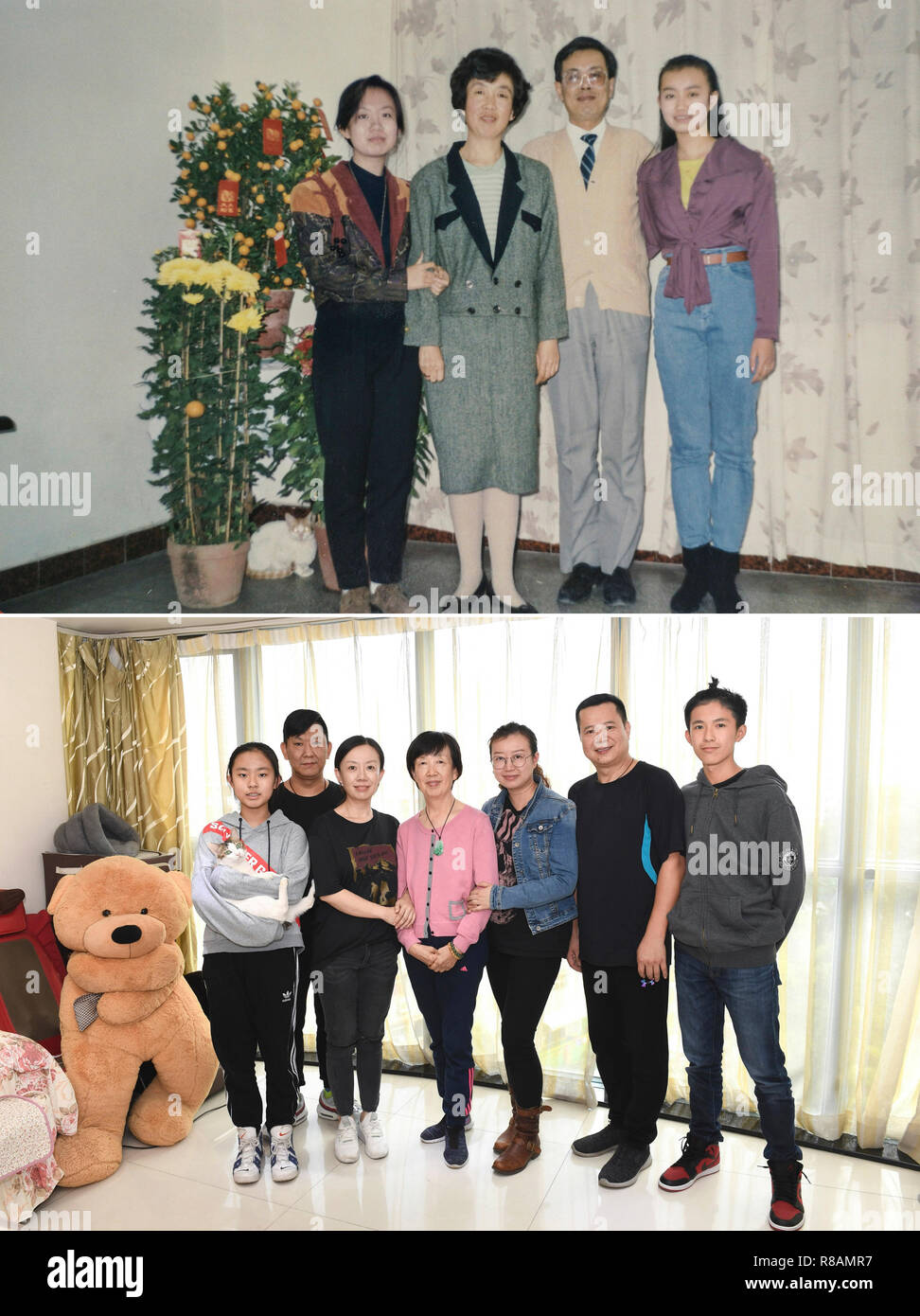 (181214) - Peking, Dez. 14, 2018 (Xinhua) - Der obere Teil dieser Combo Foto 1988 zeigt Ouyang Yunqian (1. L) für ein Gruppenfoto zu Hause mit ihrer Mutter, Vater und Schwester im Viertel Luohu Shenzhen, South China Guangdong Provinz posiert. Sie zog nach Shenzhen mit ihrer Mutter mit ihrem Vater in 1988 wieder zu vereinen. Sie lebten in einer Wohnung, die durch die Einheit des Vaters. Im unteren Teil der Combo Foto von Mao Siqian am Dez. 1, 2018 zeigt eine neue Familie Foto von Ouyang Yunqian in Shenzhen. Ouyang und ihr Mann gekauft haben, haben ihre eigene Wohnung von etwa 100 Quadratmetern Stockfoto