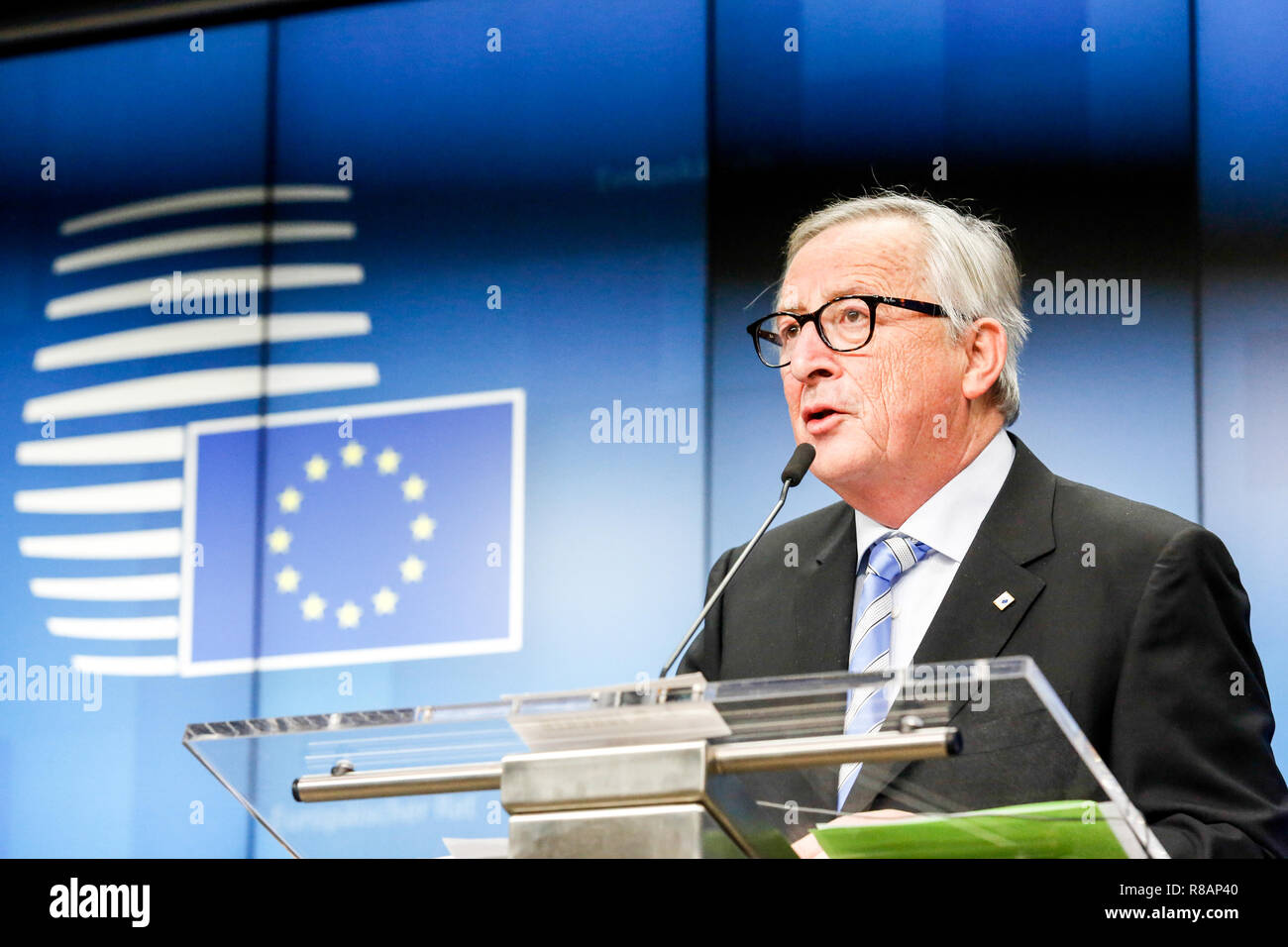 Brüssel, Belgien. 14. Dez 2018. Jean-Claude Junker, Präsident der Europäischen Kommission während einer Pressekonferenz während des Europäischen Rates in Brüssel, Belgien, am 14. Dezember 2018. Quelle: Michal Busko/Alamy leben Nachrichten Stockfoto