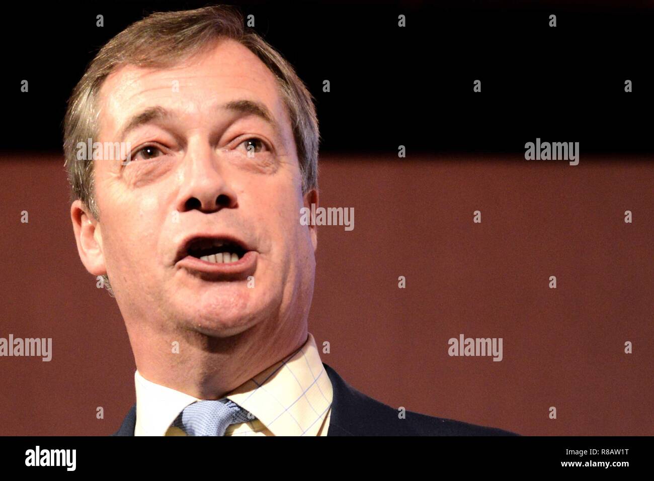 London, Großbritannien. 14. Dezember 2018: London 14. Dezember 2018: Nigel Farage sprechen zu lassen bedeutet Kundgebung an der Queen Elizabeth Conference Center verlassen. Credit: Claire Doherty/Alamy leben Nachrichten Stockfoto