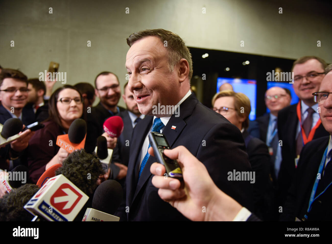 Andrzej Duda, Präsident von Polen beobachtet, als er in den Medien während der COP 24 UN-Klimakonferenz 2018. Stockfoto
