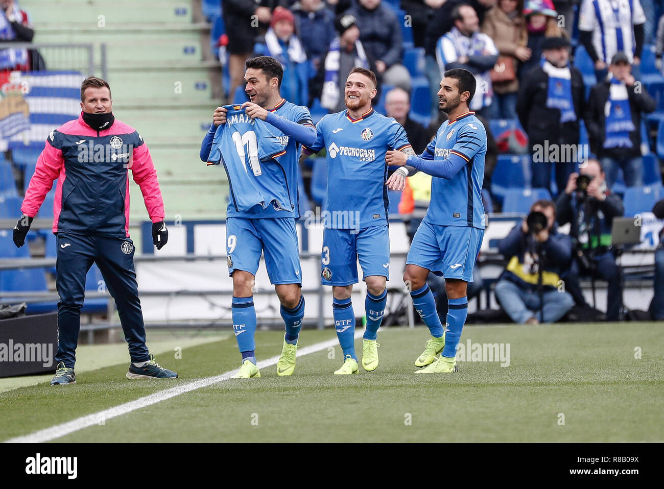 Coliseum Alfonso Perez Getafe, Spanien. 15 Dez, 2018. Liga Fußball, Getafe gegen Real Sociedad; Jorge Molina (Getafe CF) feiert sein Ziel, die es 1-0 Credit: Aktion plus Sport/Alamy leben Nachrichten Stockfoto