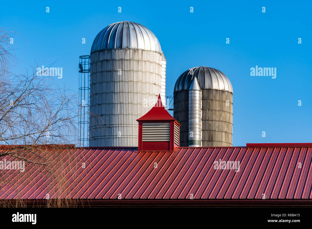 Bauernhof Silos stand in der Nähe eines roten Scheune Dach. Stockfoto