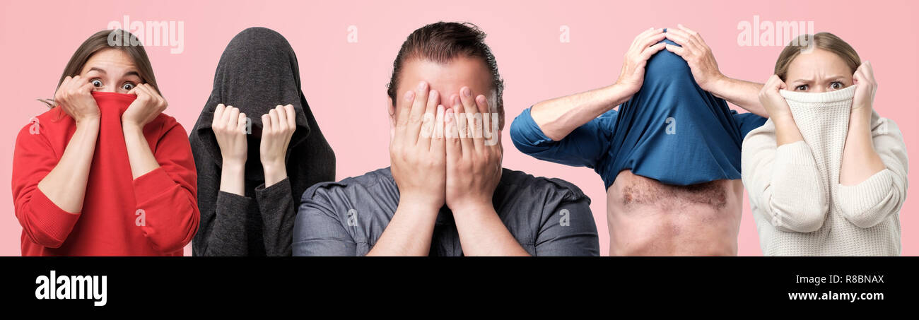 Horizontale collage Portrait von mehreren Männern und Frauen ihre Gesichter verbergen mit Händen oder Kleidung. Sie zögern, sein Gesicht zu zeigen. Gefühl quilty oder schüchtern. Stockfoto