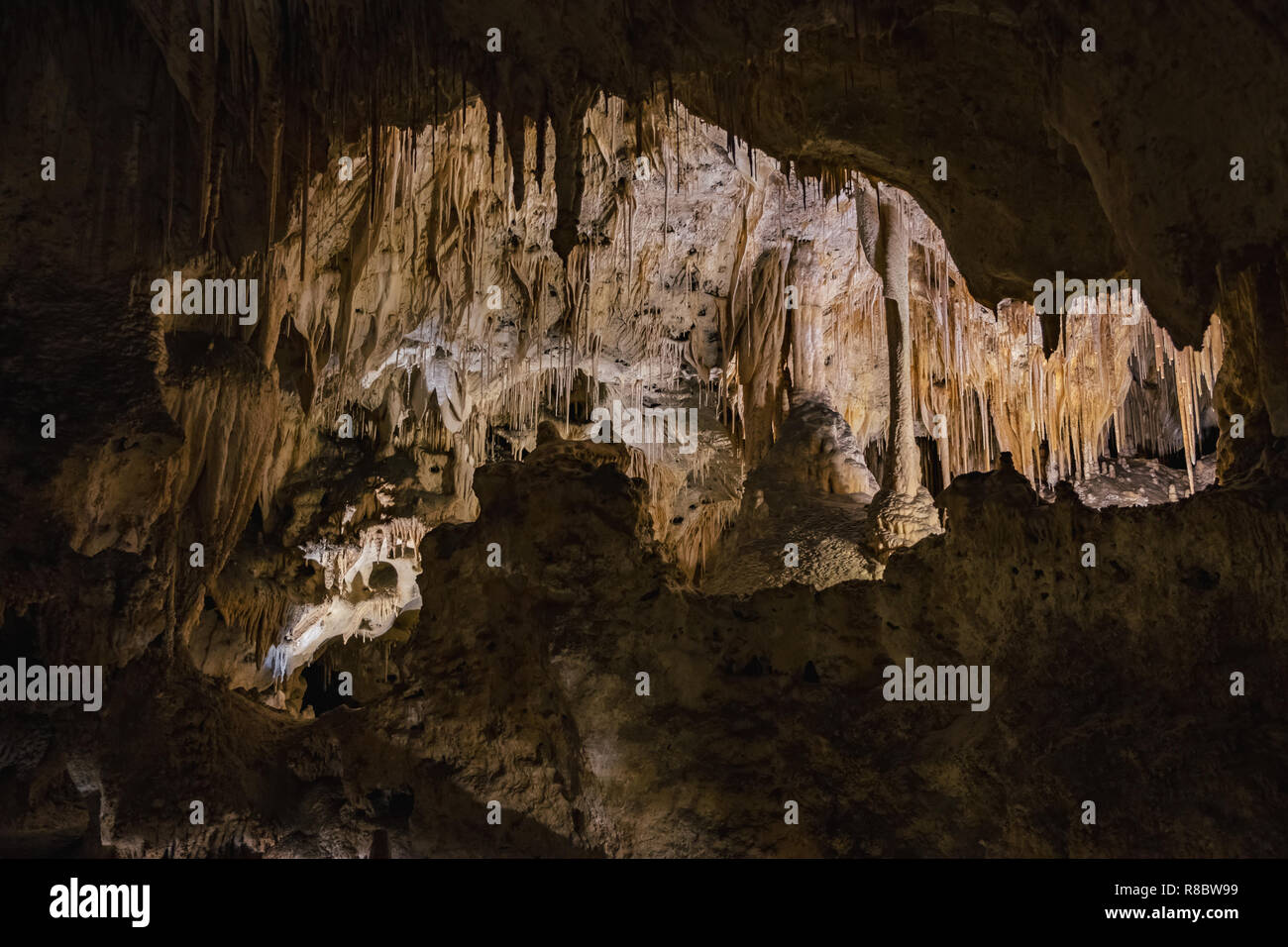 Stalaktiten und Stalagmiten in einer Höhle als Carlsbad Caverns in New Mexico, USA bekannt Stockfoto