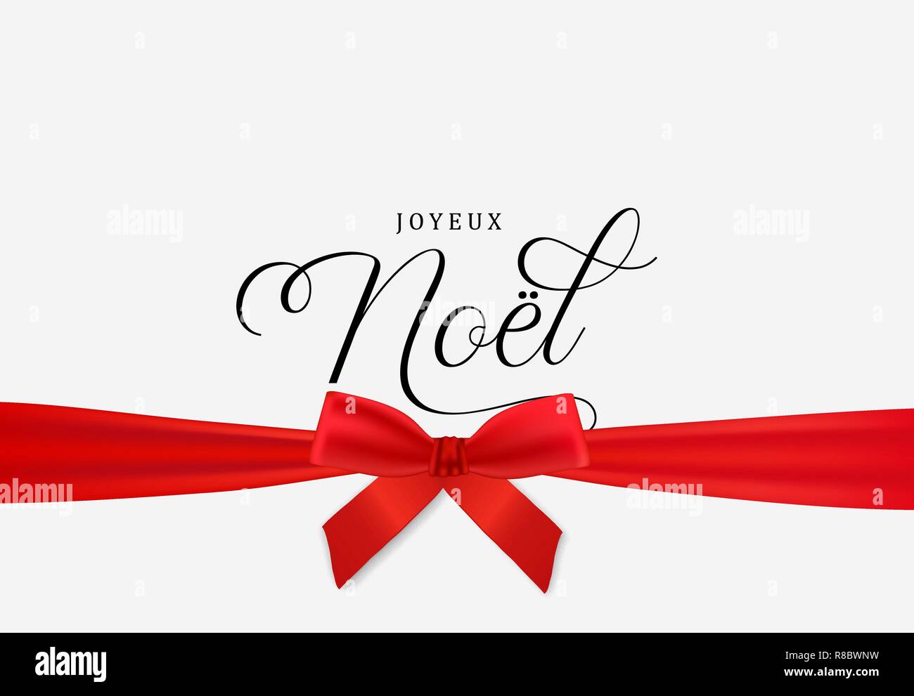 Weihnachtskarte in französischer Sprache, realistische red ribbon auf weißem Hintergrund. Winter Urlaub Neol Design für Party Einladung oder Jahreszeiten Gruß Stock Vektor