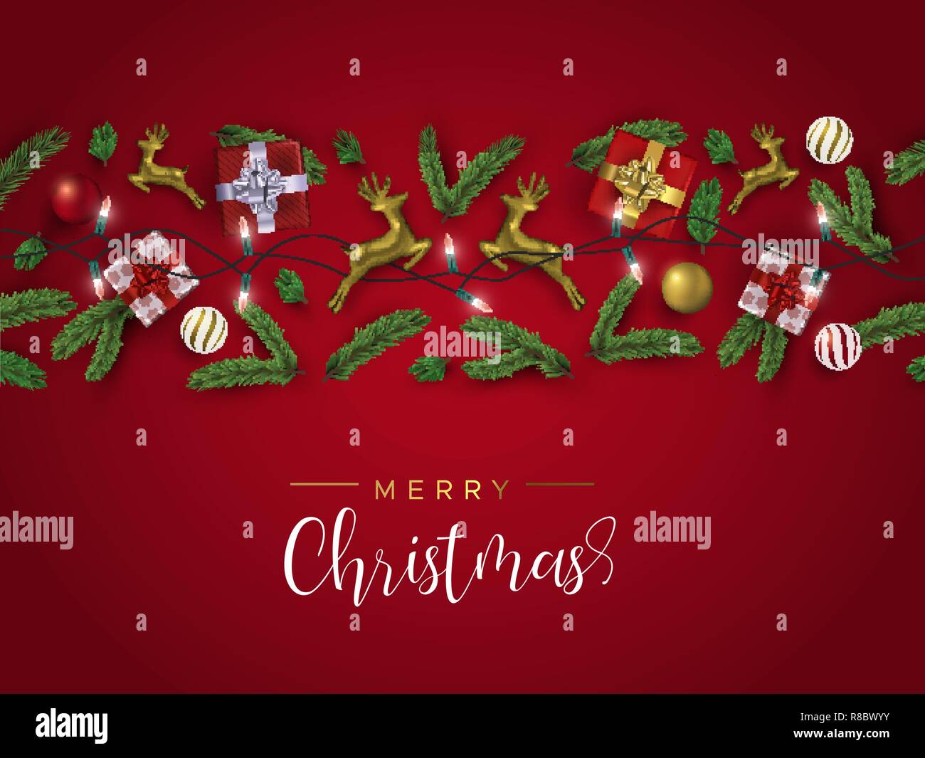 Weihnachtskarte: Realistische gold Geschenkbox Elemente, Rentier, Weihnachten Ornamente und Pine Tree Blatt auf roten Hintergrund. Winterurlaub layout Lllustrat Stock Vektor