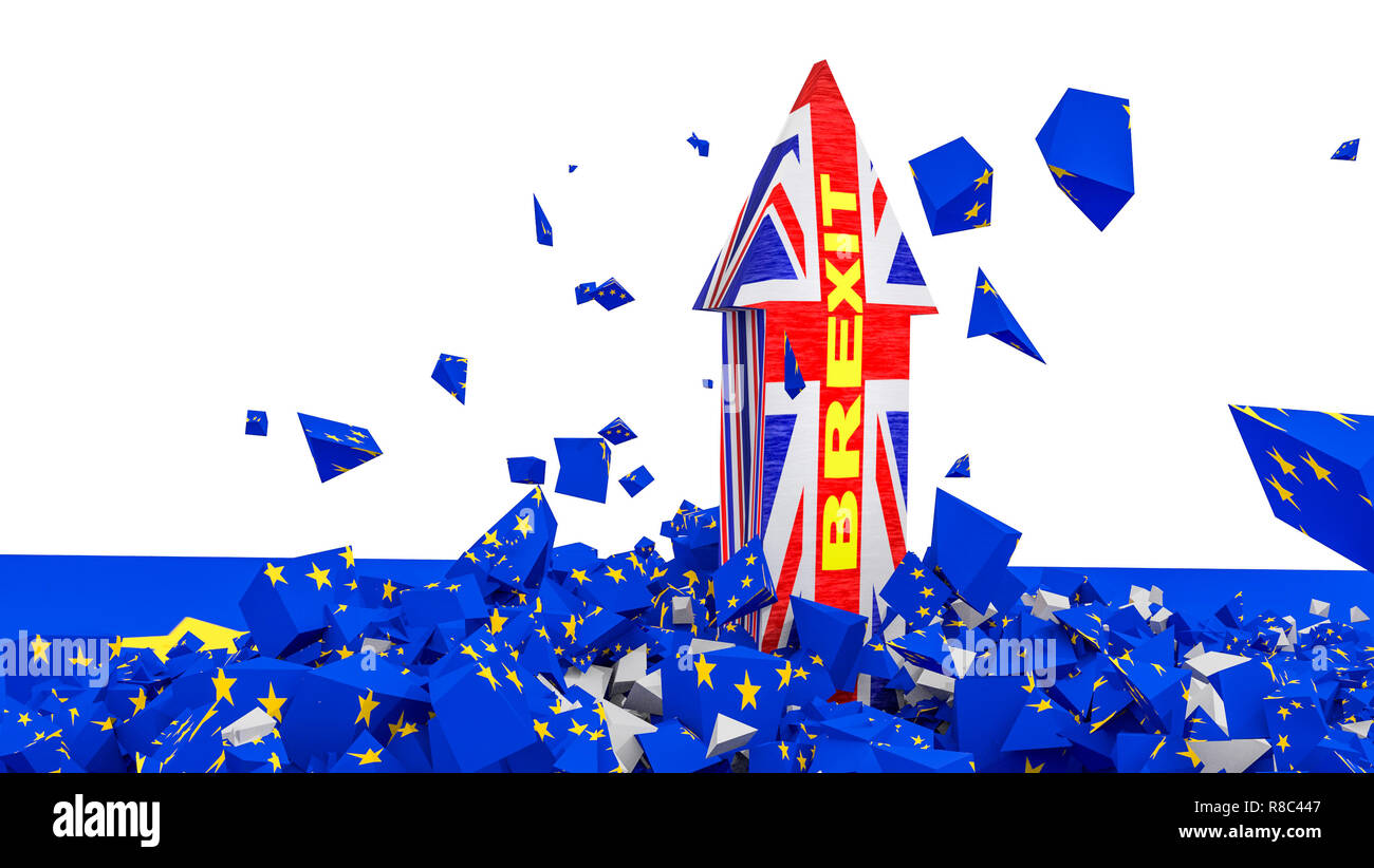Brexit Britische Flagge Pfeil Risse europäischen Flagge in piecies isoliert Hintergrund - 3D-Rendering Stockfoto