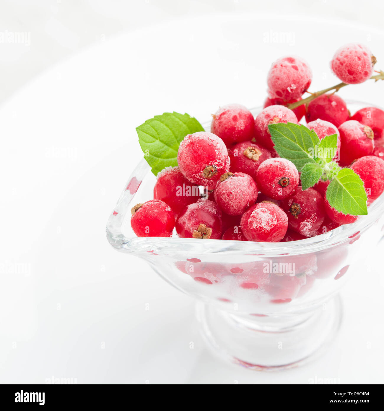 Gefrorene rote Johannisbeere mit Minze in Sauce pan Stockfoto