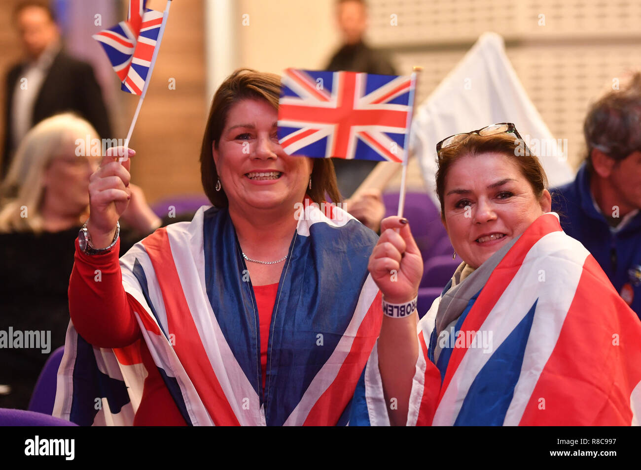 Brexit Unterstützer in der Menge tragen Union Flaggen während einer Verlassen bedeutet, lassen Sie 'Speichern' Brexit Kundgebung im Queen Elizabeth II Conference Centre in London. Stockfoto