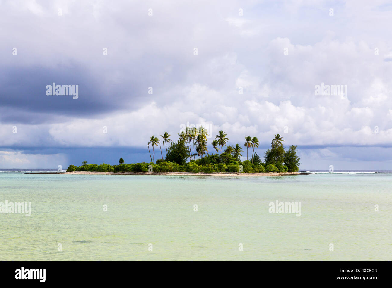 Eine kleine Insel (motu) mit Palm Wald irgendwo in der Lagune von South Tarawa Atolls bei schlechtem Wetter, Kiribati, Gilbert Inseln, Micron überwachsen Stockfoto