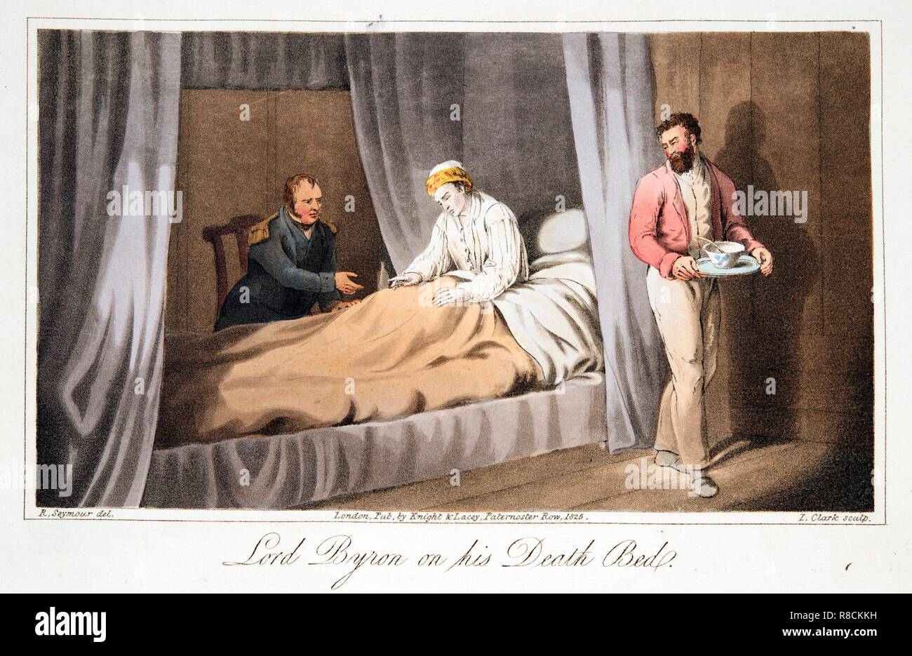 Lord Byron auf dem Sterbebett, Pub. 1825. Schöpfer: Robert Seymour (1798 - 1836). Stockfoto