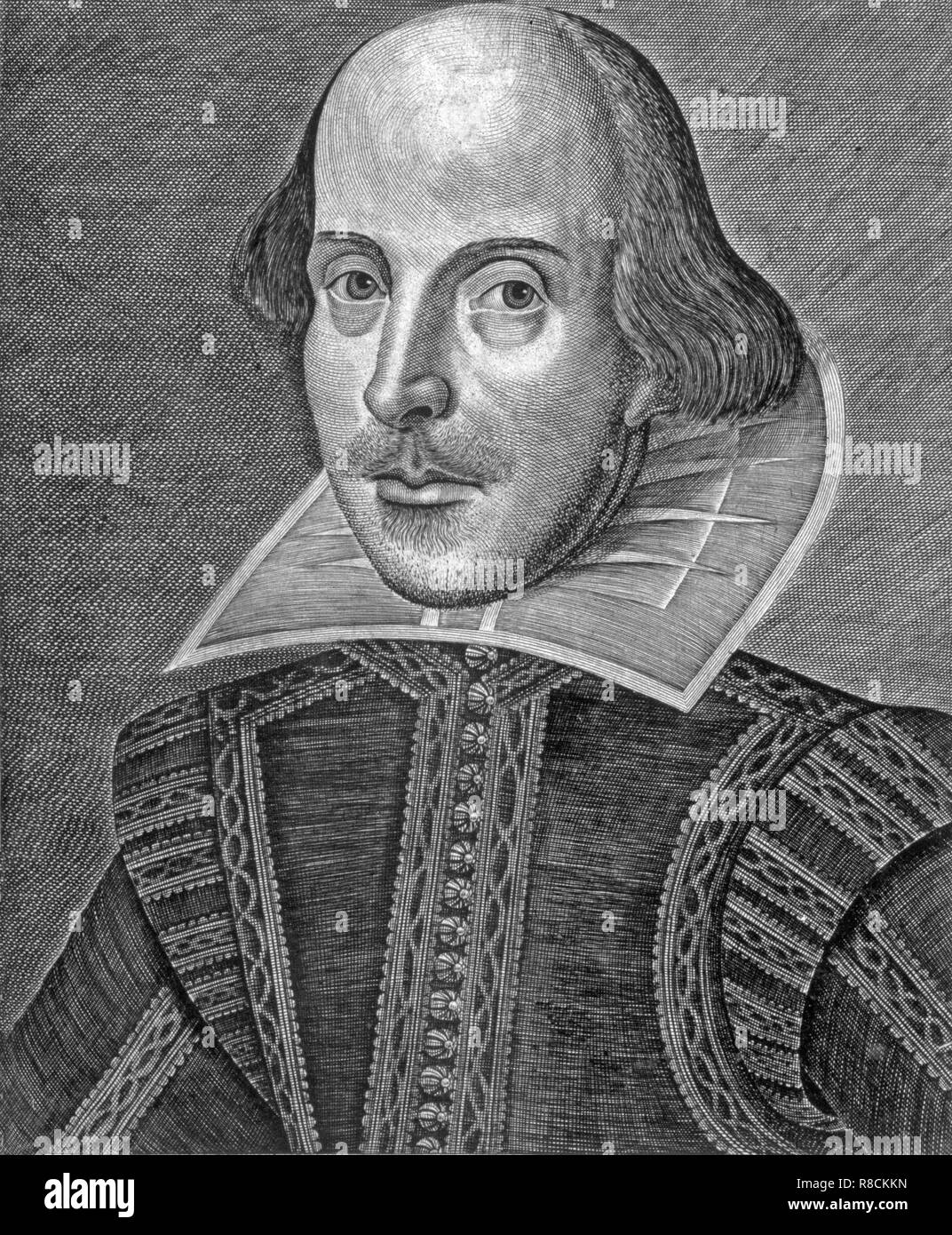 Portrait von Shakespeare, 1623. Schöpfer: Martin Droeshout oder Englisch Schule?. Stockfoto