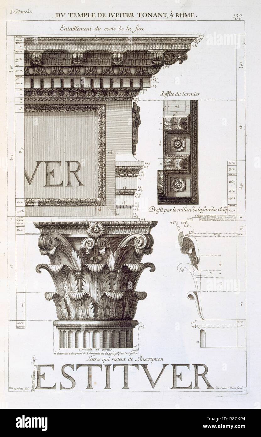 Gebälk, Kapital und Inschrift aus der Tempel des Jupiter Tonans (Donnergott), Pub. 1682. Schöpfer: Antoine Desgodets Babuty (1653-1728). Stockfoto