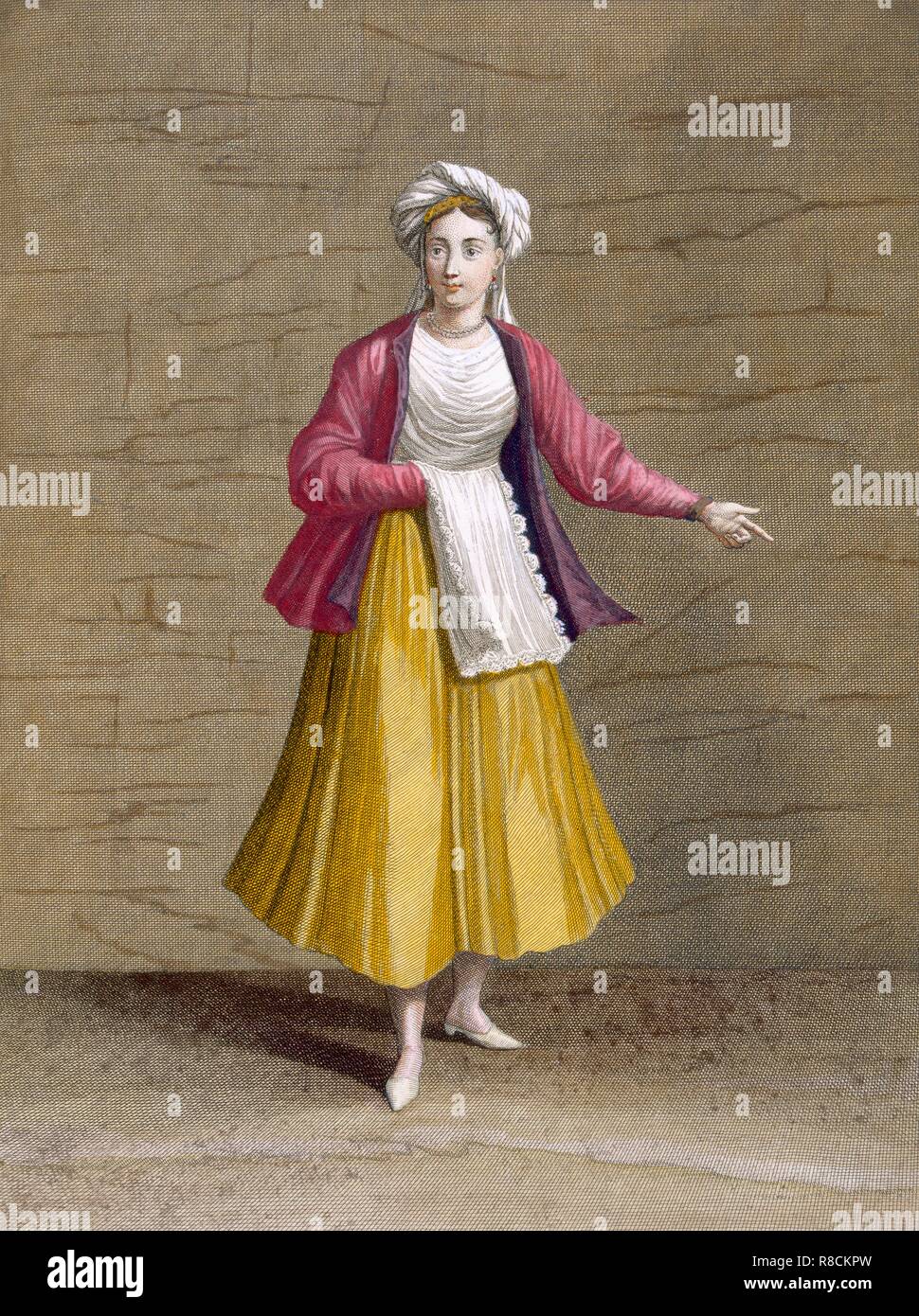 Mädchen aus St. Johannes von Patmos, Pub. C 1707. Schöpfer: Gerard Scotin (1671-1716). Stockfoto
