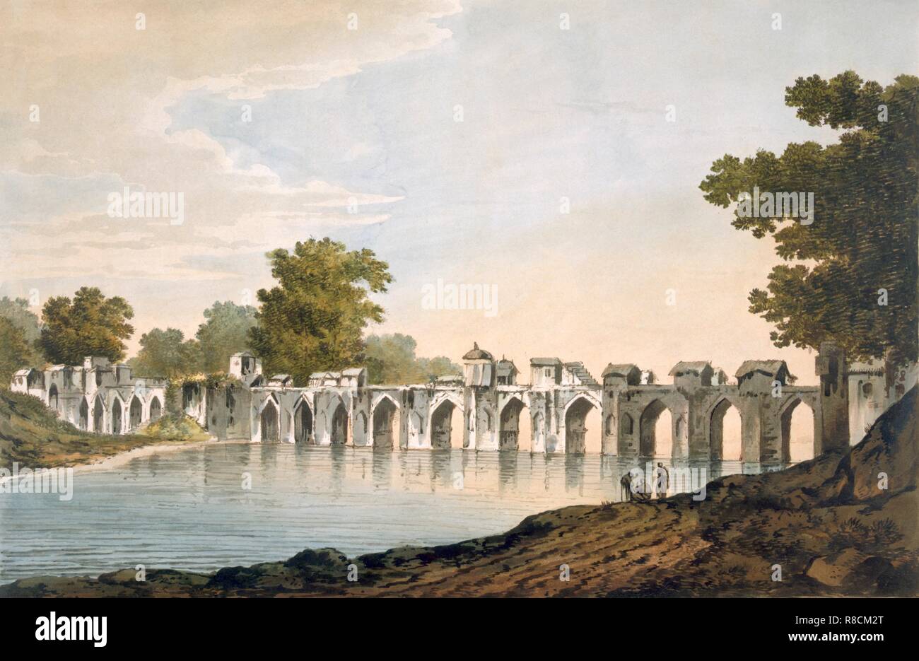 Ein Blick auf die Brücke über den Fluss Ilionpoor Goomty, Pub. 1785-88. Schöpfer: William Hodges (1744-97). Stockfoto