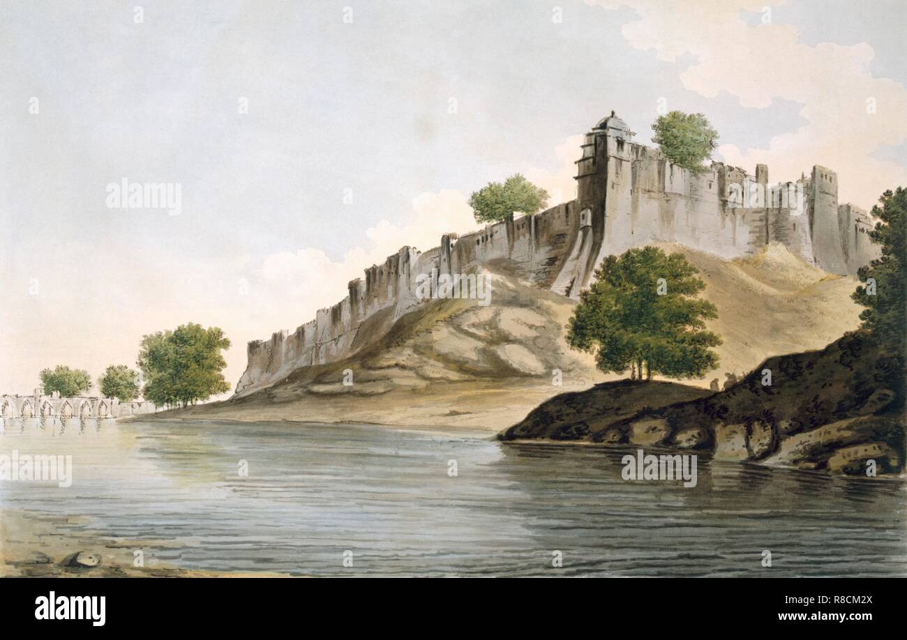 Ein Blick auf das Fort von Ilionpoor auf den Ufern des Flusses Goomty, Pub. 1785-88. Schöpfer: William Hodges (1744-97). Stockfoto