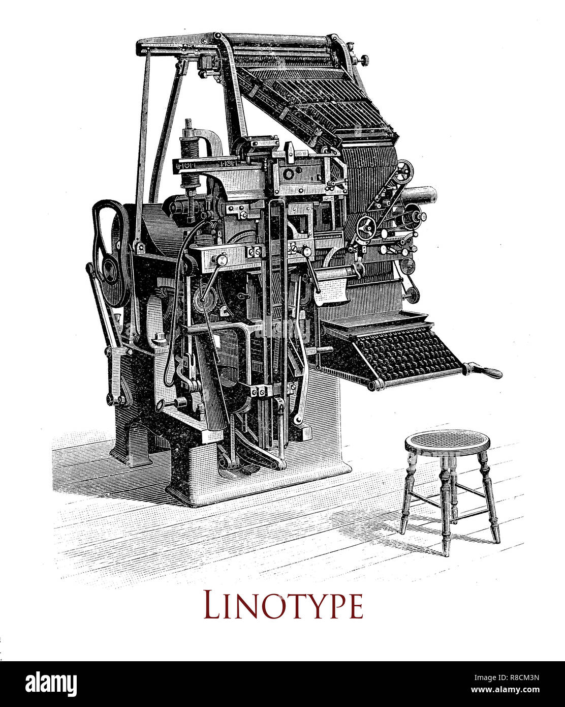 Vintage Gravur von Linotype Druckmaschine, produziert es eine ganze Zeile von Metall Typ auf einmal, gleichermaßen bezeichnenden Verbesserung gegenüber der vorherigen Industriestandard von manuellen letter-by-letter typesetting Stockfoto
