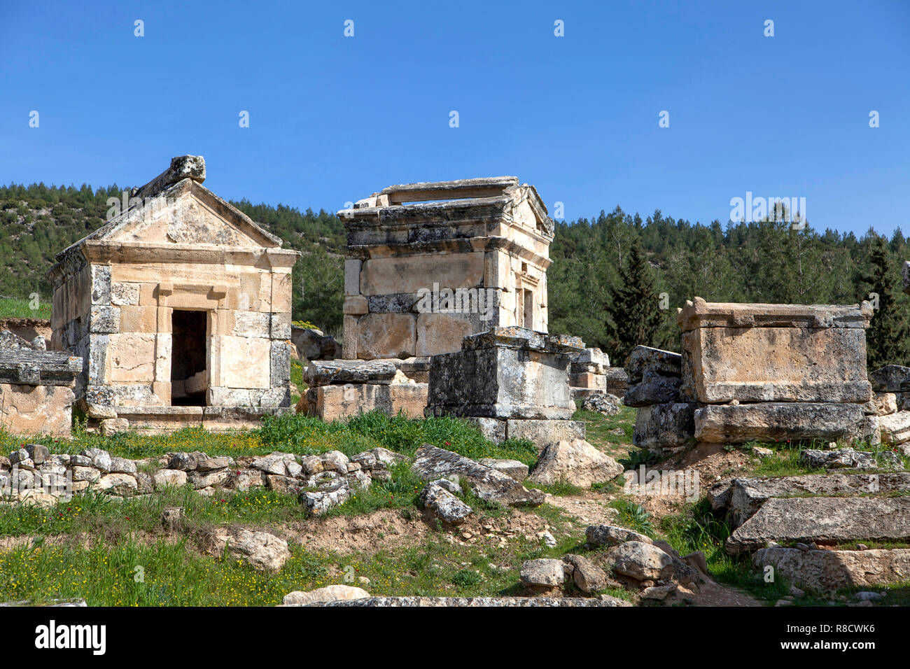 Nekropole von der antiken Stadt Hierapolis in der Türkei bis zu den Sarkophag. Stockfoto