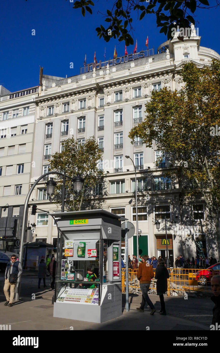 ONCE Lotterie Kiosk, Madrid, Spanien Stockfoto