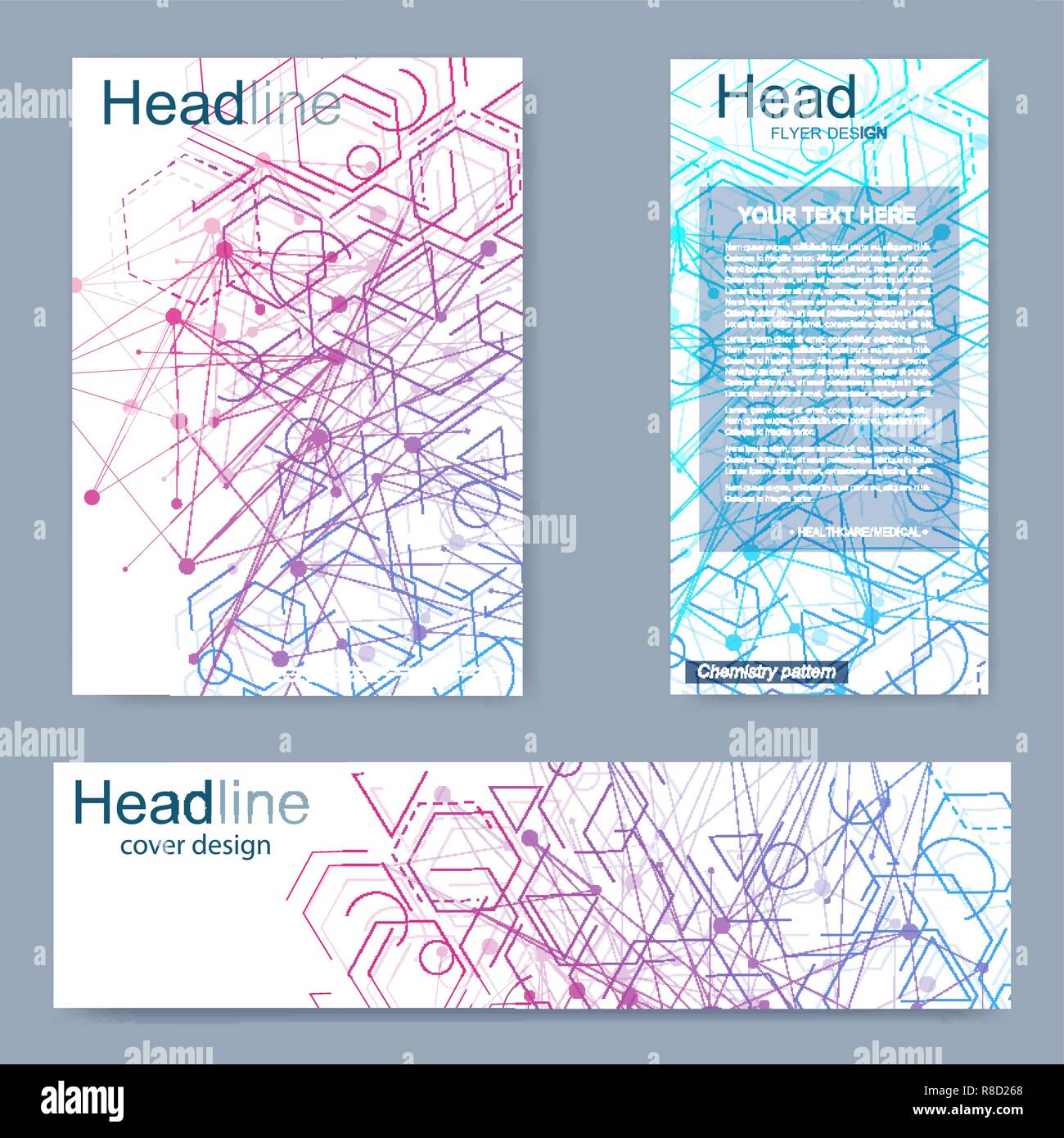 Stellen Sie Flyer, Broschüre Größe A4-Vorlage, Banner. Molekulare Struktur mit Linien und Punkten. Wissenschaftliche Muster atom DNA mit Elementen für Zeitschrift, Broschüre, Cover, Poster Design. Stock Vektor