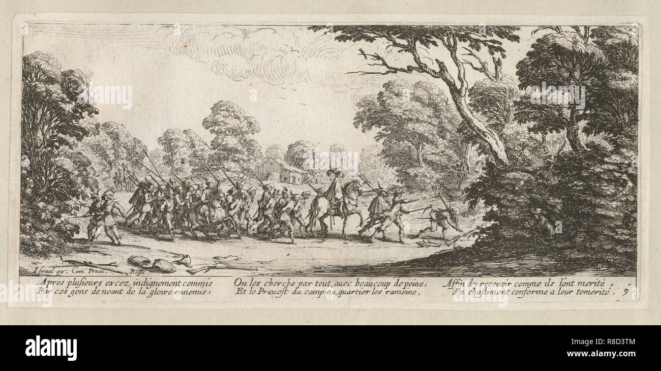 Das Elend und Unglück des Krieges, Folio 9: Festsitzen der Kriminellen Soldaten, 1633. Stockfoto