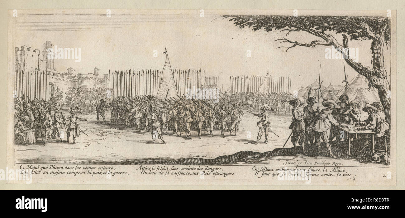 Das Elend und Unglück des Krieges, Folio 2: Die Aufnahme der Truppen, 1633. Stockfoto