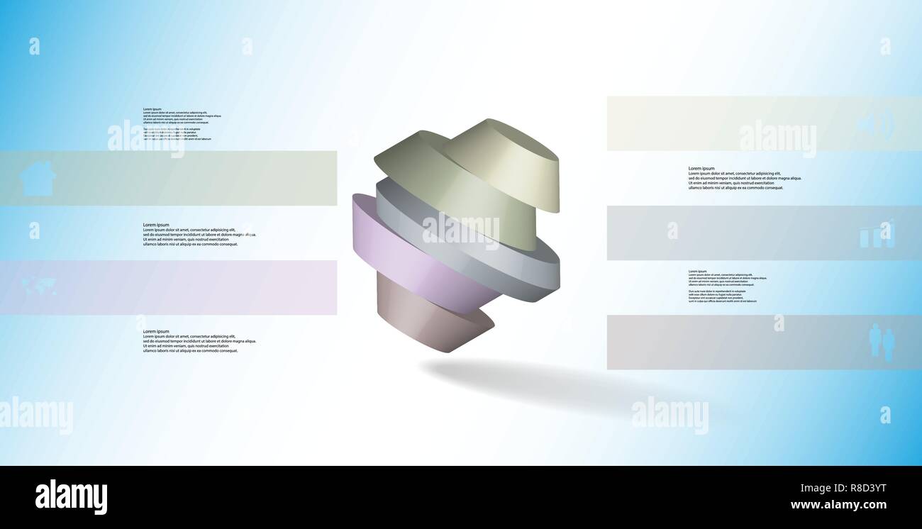 3D-Illustration Infografik Vorlage. Die runde Octagon ist auf fünf Farben aufgeteilt. Objekt ist schief auf Blau Weiß Hintergrund angeordnet. Farbbalken Stock Vektor