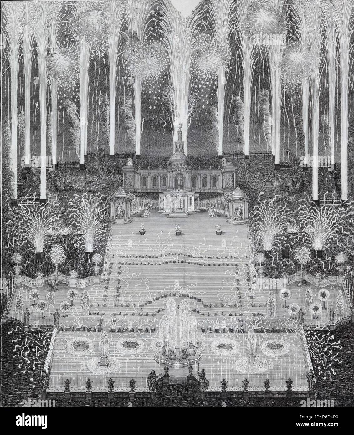 Feuerwerk anlässlich des Abschlusses des Friedens zwischen Russland und Schweden am 16. Juli 1744 in M Stockfoto