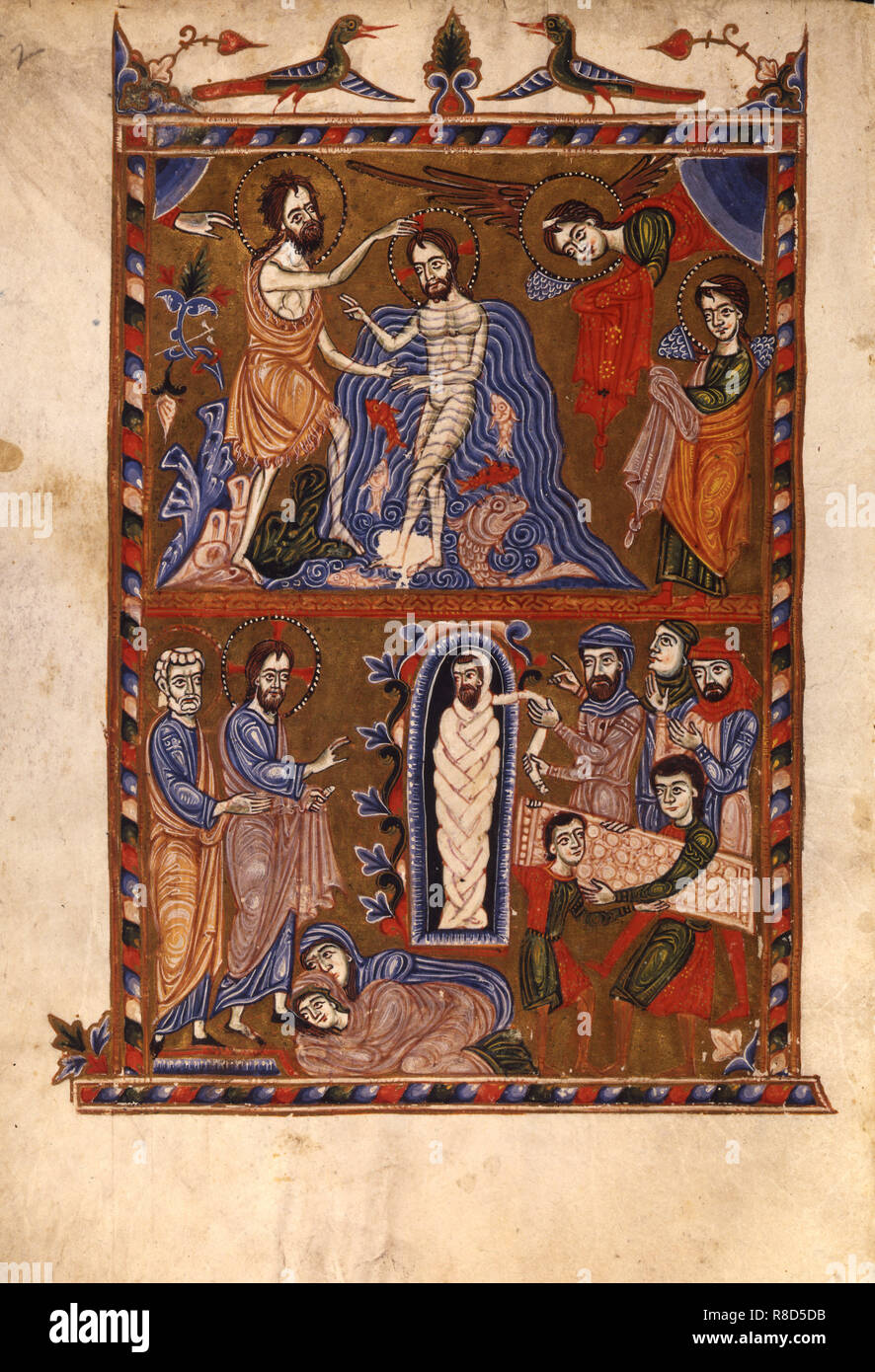 Die Taufe Christi. Die Auferweckung des Lazarus (Manuskriptillumination aus dem Matenadaran Evangelium), Stockfoto