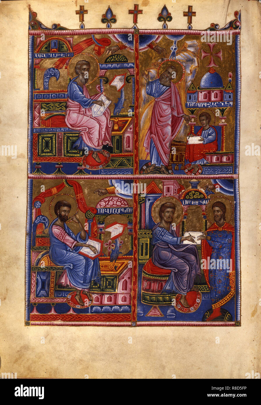 Die vier Evangelisten (Manuskriptillumination aus dem Matenadaran Evangelium), 1368. Stockfoto