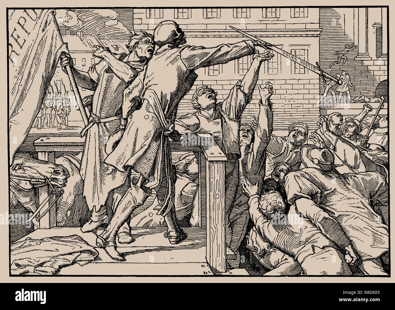 Auch ein Tanz des Todes, Blatt IV (Tod Hände das Schwert auf den Menschen), 1849. Stockfoto