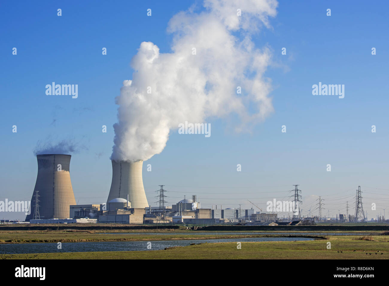 Naturschutzgebiet Prosperpolder und die doel Atomkraftwerk/Kernkraftwerk in der Antwerpener Hafen, Flandern, Belgien Stockfoto