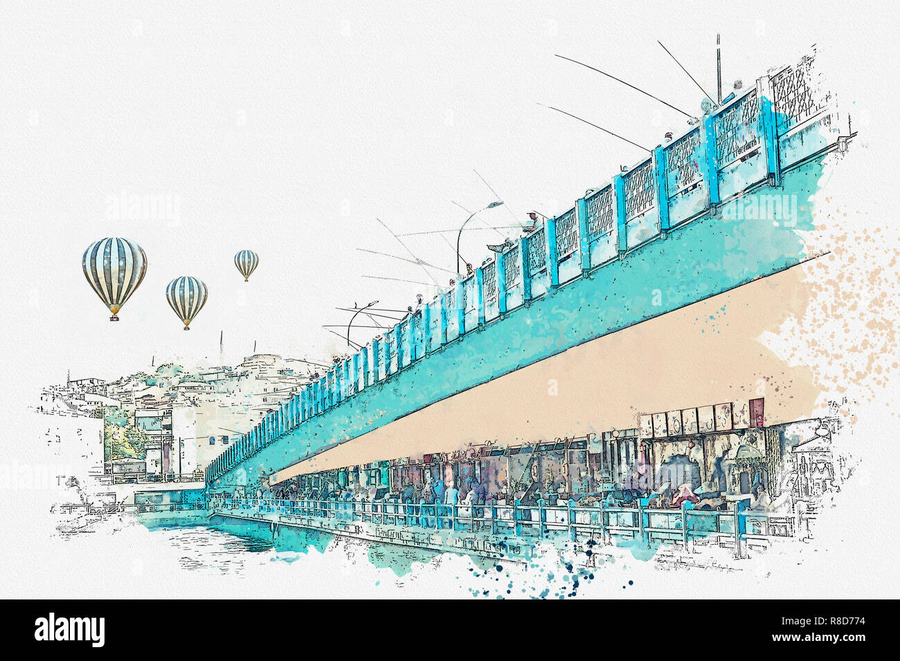 Ein Aquarell Skizze oder Zeichnung. Der Galata Brücke in Istanbul, Türkei. Auf der Brücke die Fischer fischen. Heißluftballone fliegen in den Himmel. Stockfoto