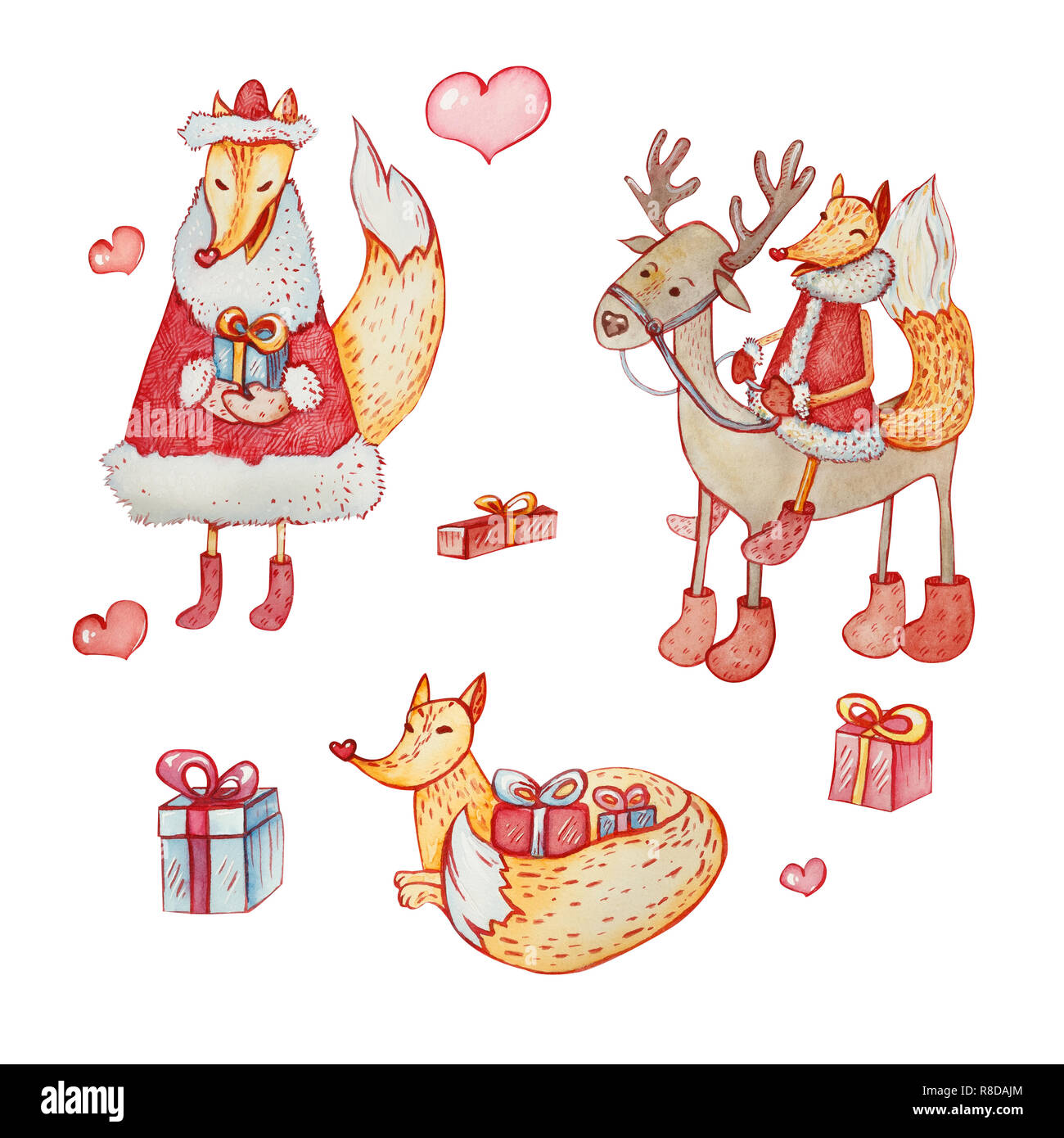 Satz von drei schlaue Füchse und ein Rentier mit Geschenkboxen und Herzen. Handgezeichneten Aquarell. Stockfoto