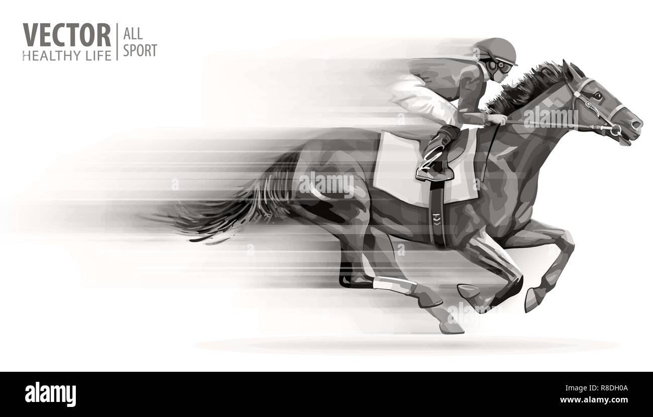 Jockey auf Racing Pferd. Champion. Das hippodrom. Rennstrecke. Reiten. Vector Illustration. Derby. Geschwindigkeit. Verschwommene Bewegung. Auf weissem Hintergrund. Stock Vektor