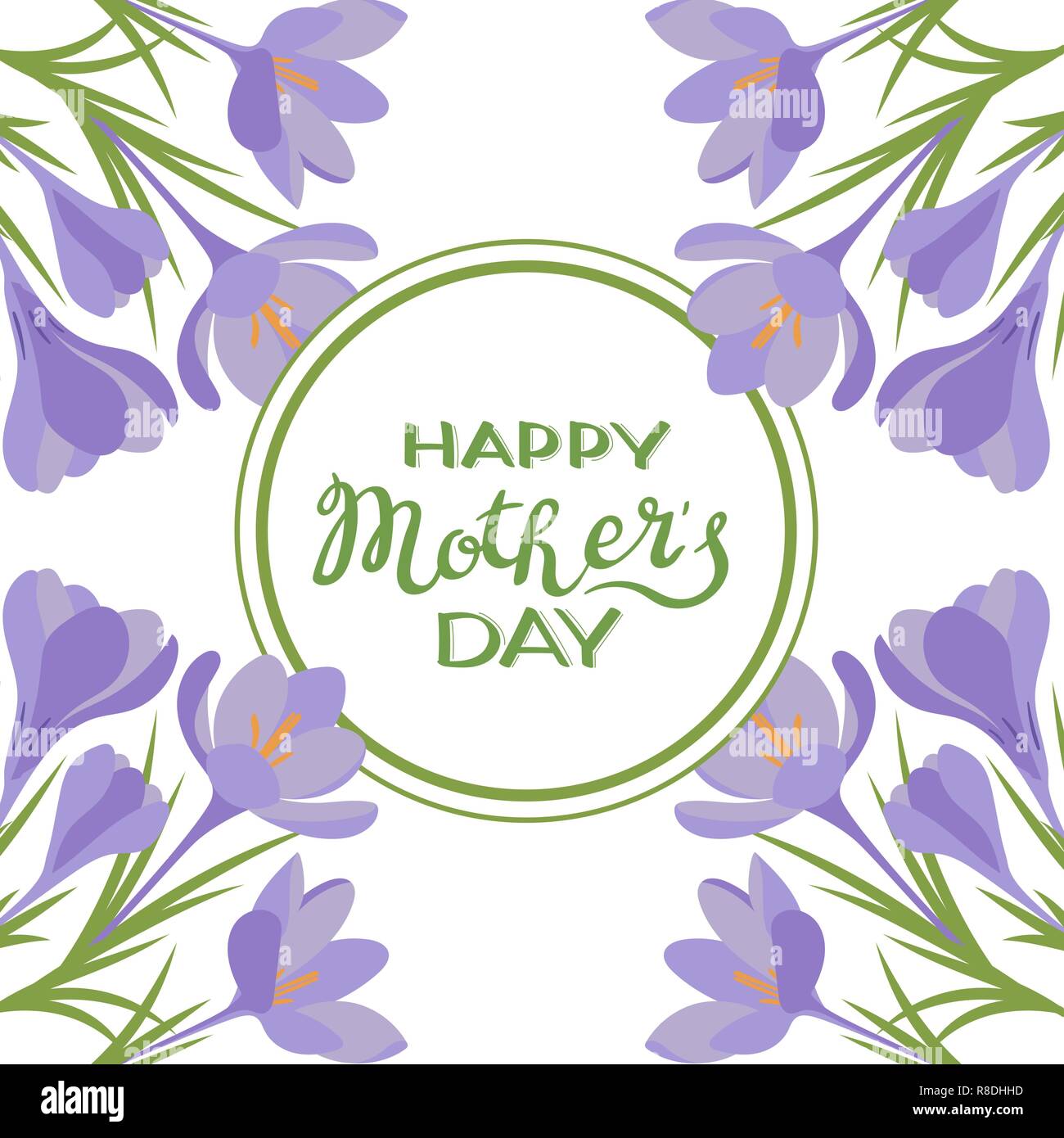 Happy Mother's Day text Typografie, Schrift im Kreis mit crocus Blumen eingerahmt. für Grußkarten, gedruckte Elemente. Runde Form, Farbe grün Stock Vektor