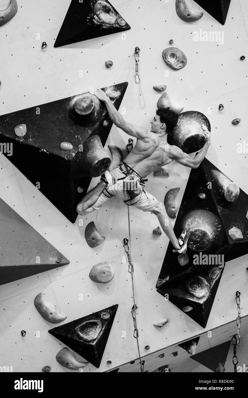 Sport Training. Starke Athlet auf eine Kletterwand, olympische Sportart. Stockfoto