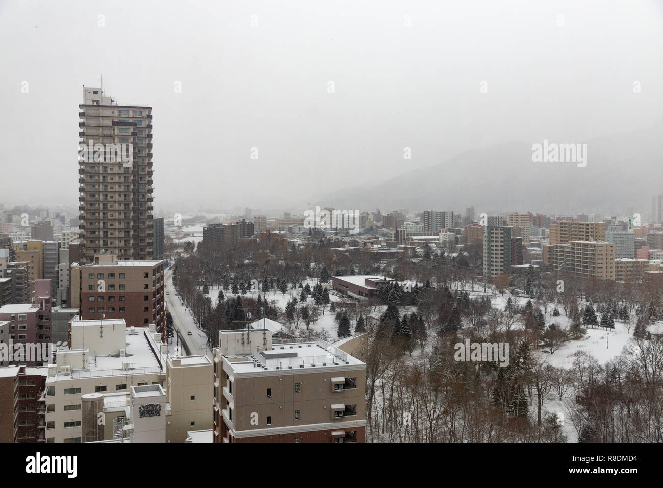 Luftaufnahme von downtown Sapporo im Winter. Hokkaido, Japan. Stockfoto