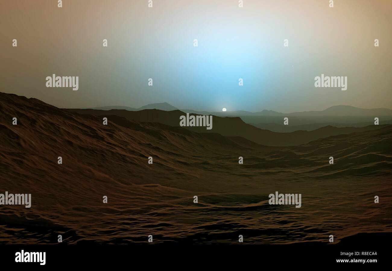 Abbildung: ein Sonnenuntergang auf dem Mars. Staub und kleine Partikel in der Atmosphäre des Mars, streuen Licht in die Richtung der Sonne ausgesetzt. Diese Stockfoto