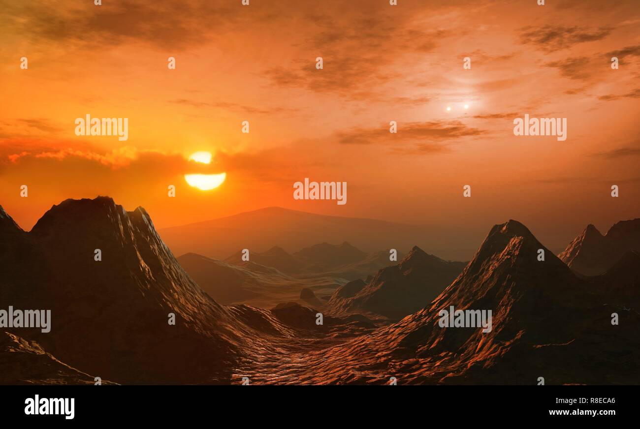 Abbildung: der Blick aus dem Innersten der beiden exoplaneten umkreist Gliese 667 C (größte Stern, ein Roter Zwerg) im Gliese 667-System. Die Gliese 667 A/B binary Star System wird rechts von Gliese 667 C. Es gibt mindestens zwei Planeten in diesem mehrere Star System namens Gliese 667 Cb und Gliese 667 Cc, die rund 24 Lichtjahre von der Erde entfernt liegt im Sternbild Skorpion. Sechs Planeten Insgesamt wurden vorgeschlagen, aber vier sind als 2018 bestritten. Stockfoto