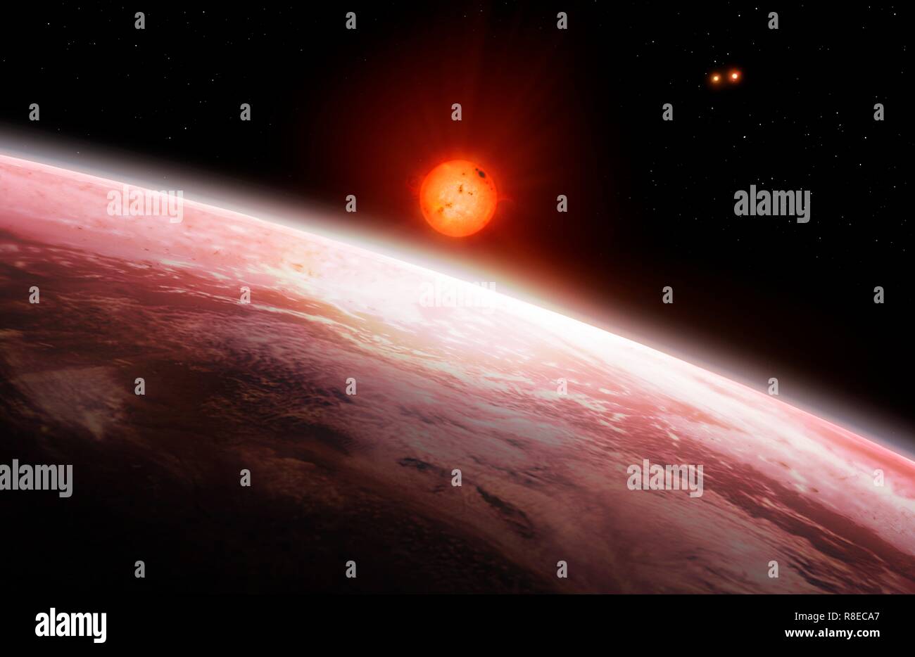 Abbildung: der Blick aus dem Innersten der beiden exoplaneten umkreist Gliese 667 C (größte Stern, ein Roter Zwerg) im Gliese 667-System. Die Gliese 667 A/B binary Star System ist auf der oberen linken Seite des Gliese 667 C. Es gibt mindestens zwei Planeten in diesem mehrere Star System namens Gliese 667 Cb und Gliese 667 Cc, die rund 24 Lichtjahre von der Erde entfernt liegt im Sternbild Skorpion. Sechs Planeten Insgesamt wurden vorgeschlagen, aber vier sind als 2018 bestritten. Stockfoto