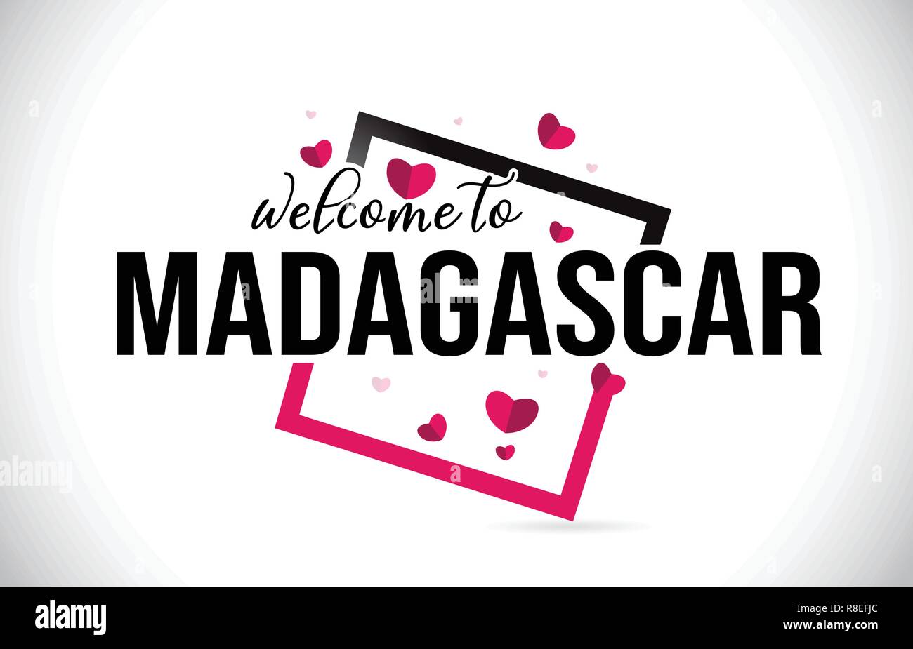 Madagaskar Willkommen bei Wort Text mit handschriftlichen Font und roten Herzen Square Design Illustration Vektor. Stock Vektor