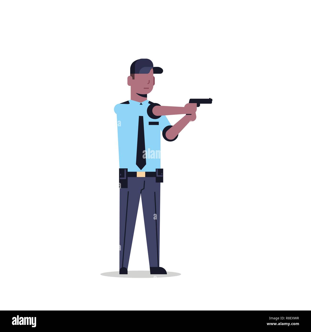 African American Security Guard Mann in Uniform holding Pistole Polizeioffizier männliche Zeichentrickfigur in voller Länge flach isoliert Stock Vektor