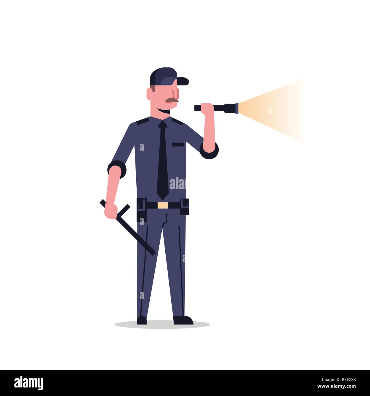 Security Guard Mann in schwarzer Uniform holding Taschenlampe baton Polizeioffizier leuchtende Taschenlampe männliche Zeichentrickfigur in voller Länge flach isoliert Stock Vektor