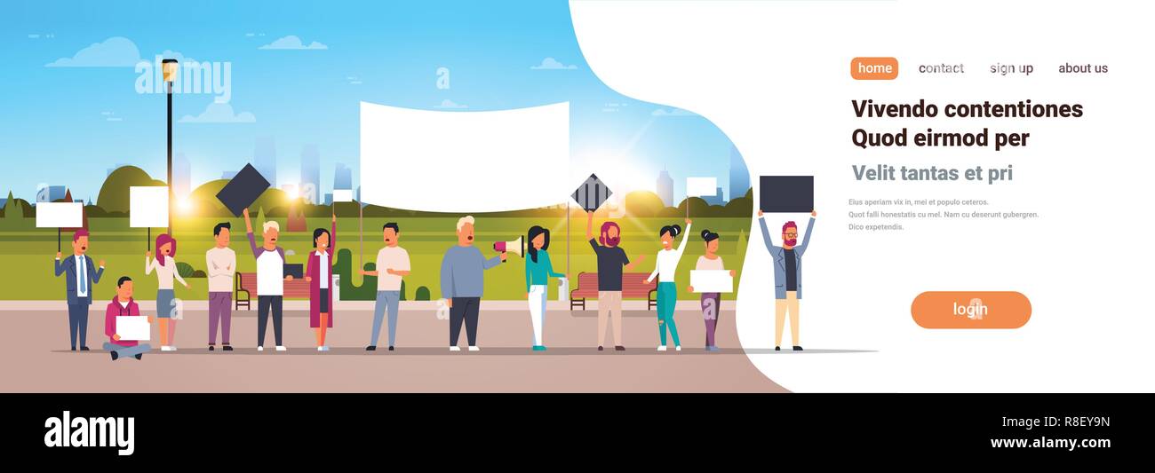 Menschen Gruppe Plakate und Megaphon Stadtbild Hintergrund protestieren Konzept der horizontalen Platz kopieren Stock Vektor