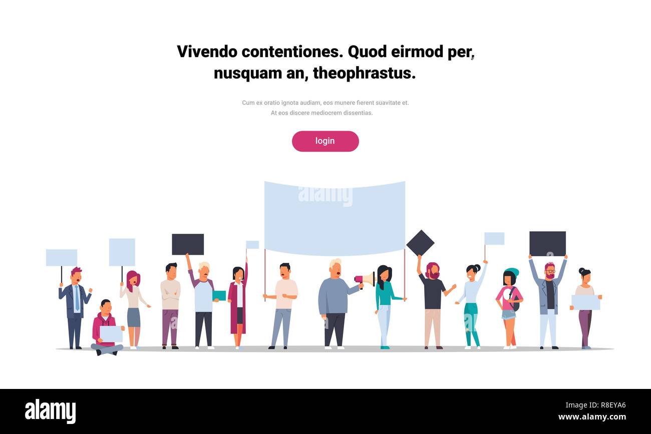 Menschen Gruppe Plakate und Megaphon Stadtbild Hintergrund protestierende Menge demonstration Streikposten oder Konflikt Konzept isoliert horizontale Platz kopieren Stock Vektor
