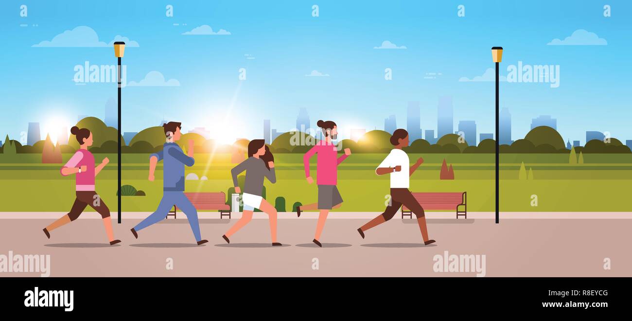 Mix Rasse Menschen jogging Active Sport Männer Frauen Fitness Laufen training Weltgesundheitstag Konzept gesunder Lebensstil Flachbild urban City Park horizontal Stock Vektor