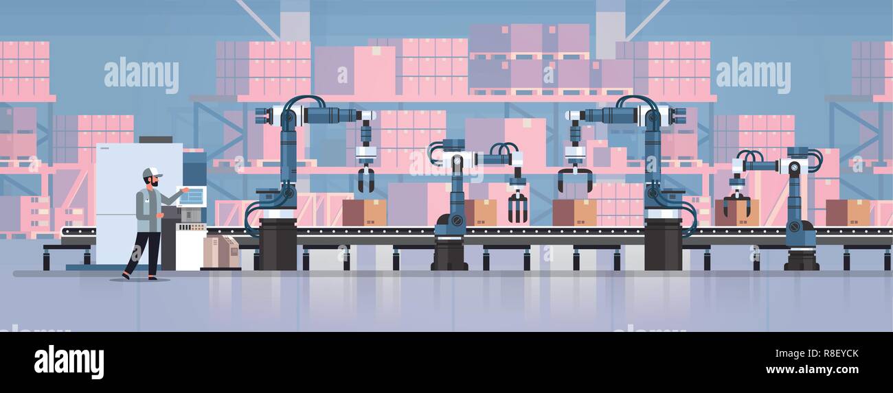 Mann Ingenieur controlling Förderband Linie Hände robotic Factory automation Produktion Fertigung Konzept Lagerhaltung Interieur horizontal Stock Vektor