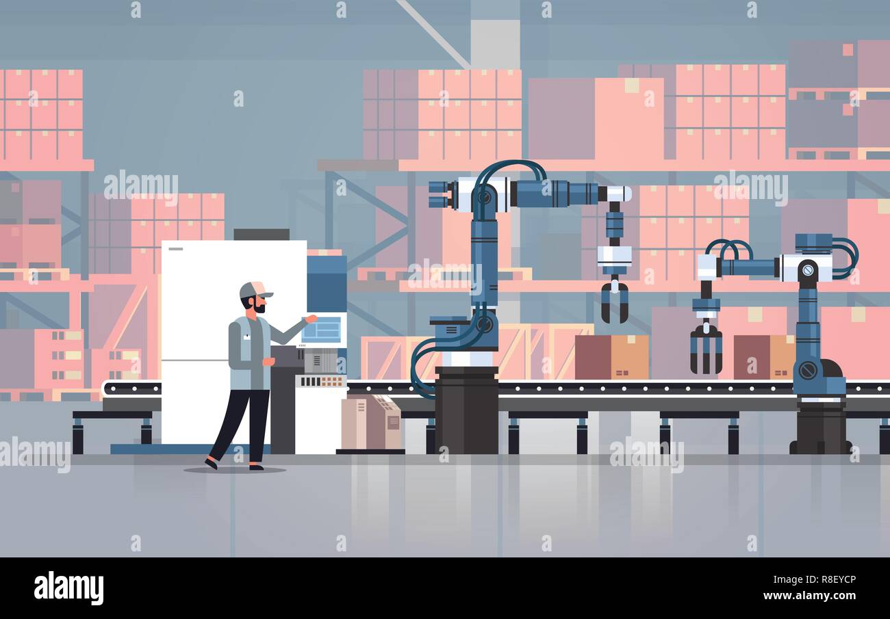 Mann Ingenieur controlling Förderband Linie Hände robotic Factory automation Produktion Fertigung Konzept Lagerhaltung Interieur horizontal Stock Vektor