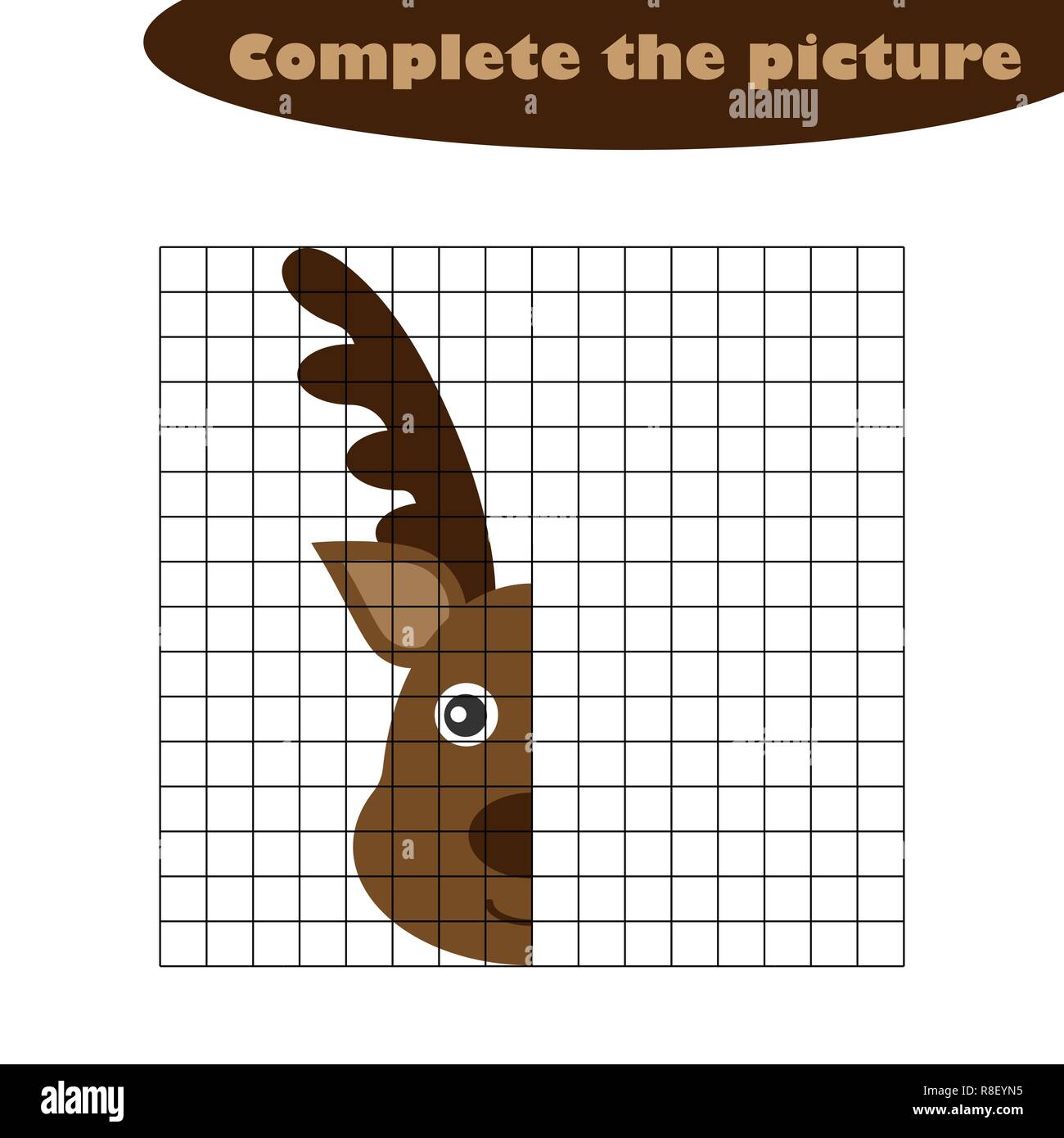 Vervollständigen Sie die Abbildung, Rotwild im Comic-stil, Zeichnung Skills Training, Bildungs-Papier Spiel für die Entwicklung der Kinder, Kinder im Vorschulalter Aktivität, bedruckbar Arbeitsblatt, Vector Illustration Stock Vektor